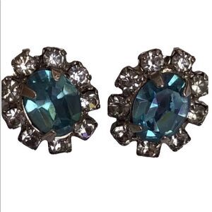 Vintage Rhinestone Clip-On Earrings Aqua Stone Unpierced